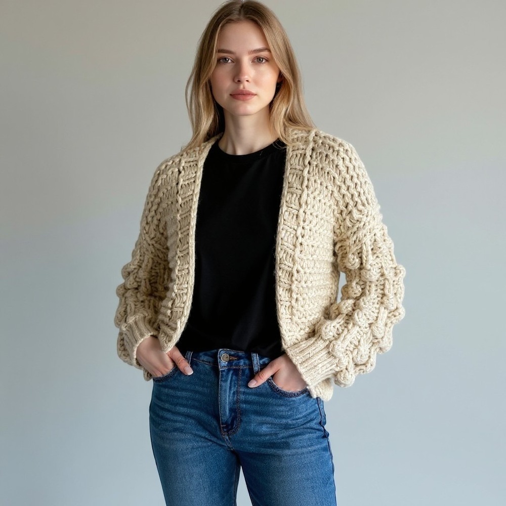Hayden Los Angeles Cream Chunky Knit Bobble Sleeve Cardigan Sweater H6471 S/M